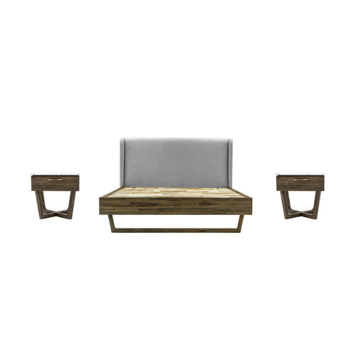 Dark wood bed with grey fabric headboard. Two matching side tables with marble tops on a white background