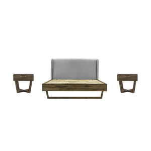 Dark wood bed with grey fabric headboard. Two matching side tables with marble tops on a white background