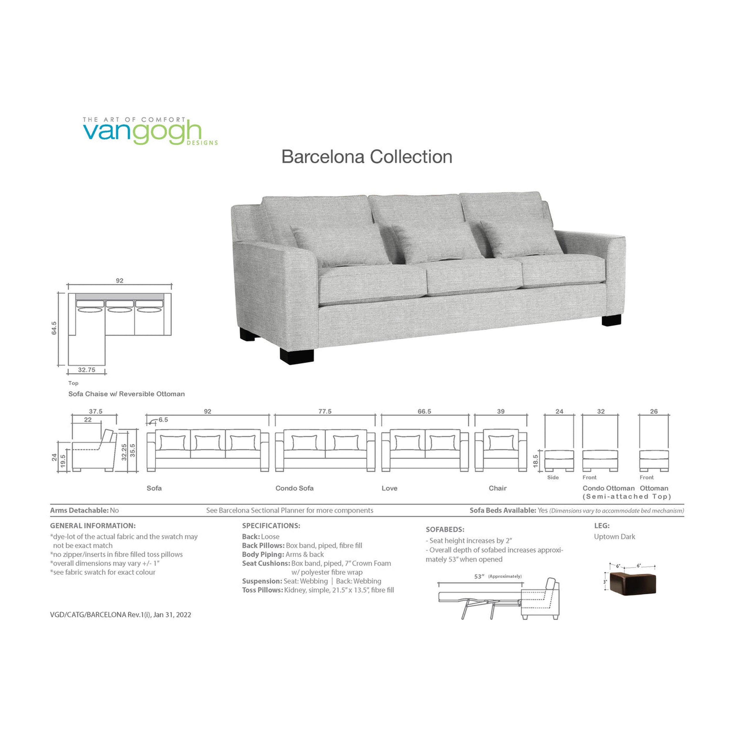 Gray sofa from the Barcelona Collection with technical drawings and specifications on a white background.