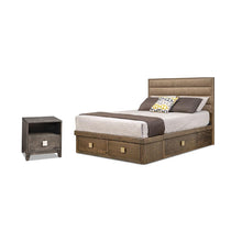 Load image into Gallery viewer, Wooden bed with storage drawers and matching nightstand on a white background
