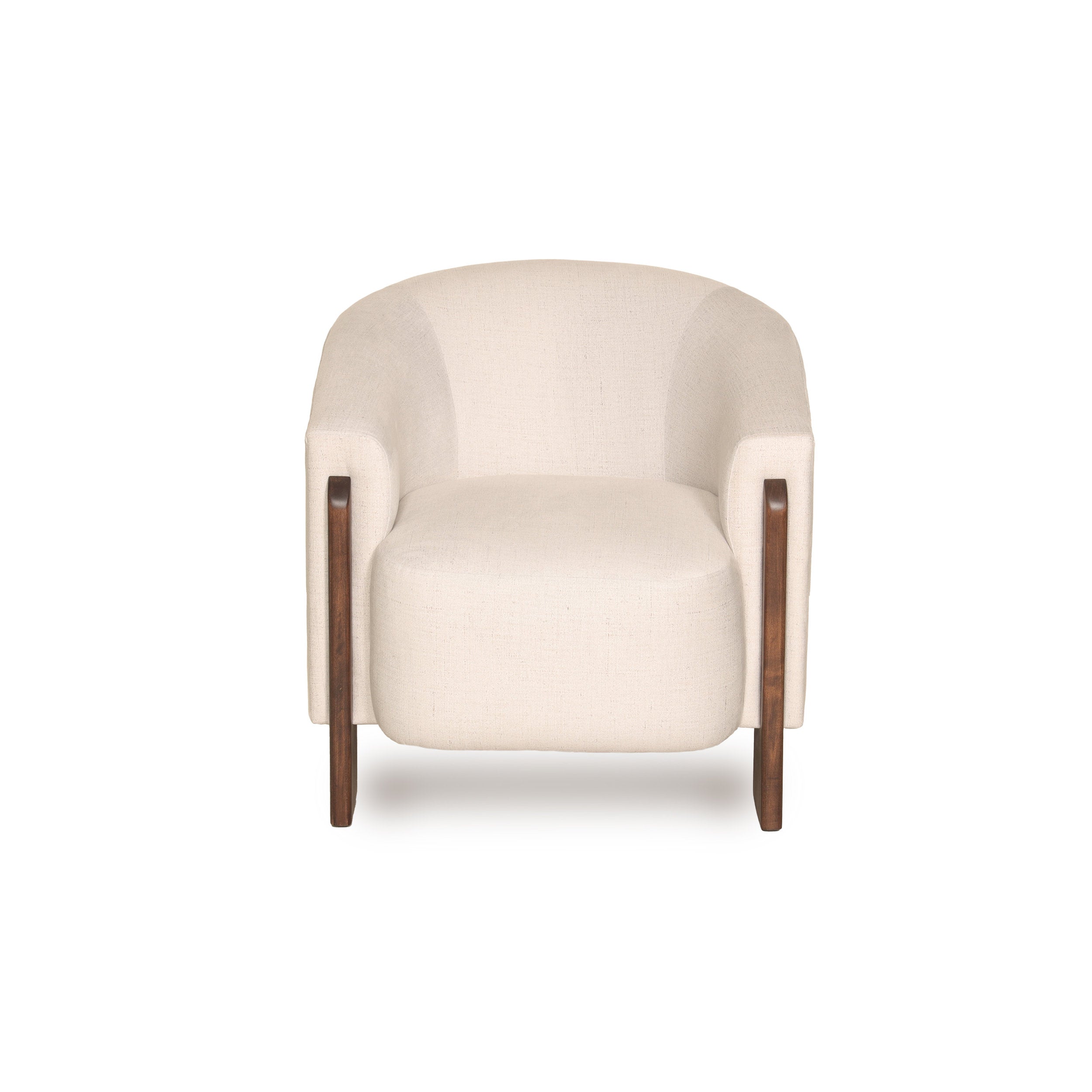 Front view of a White armchair with wooden legs on a white background