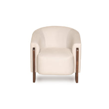 Load image into Gallery viewer, Front view of a White armchair with wooden legs on a white background
