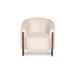 Front view of a White armchair with wooden legs on a white background