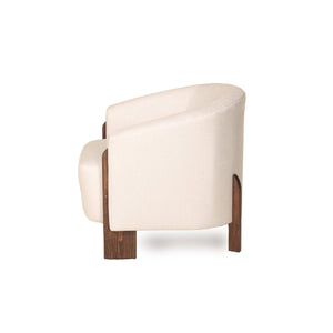 Side view of a Modern chair with white cushioned seat and backrest on a white background