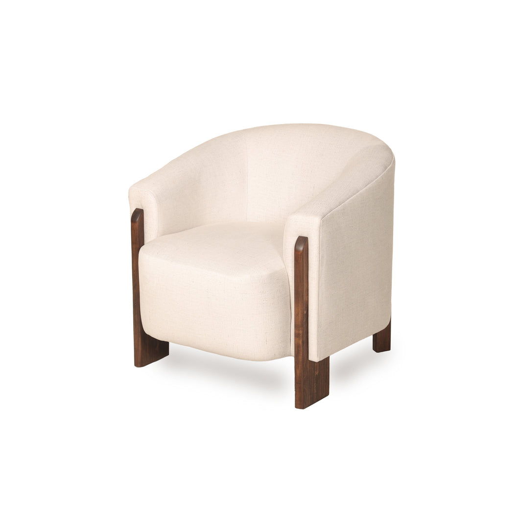 White armchair with wooden legs on a white background
