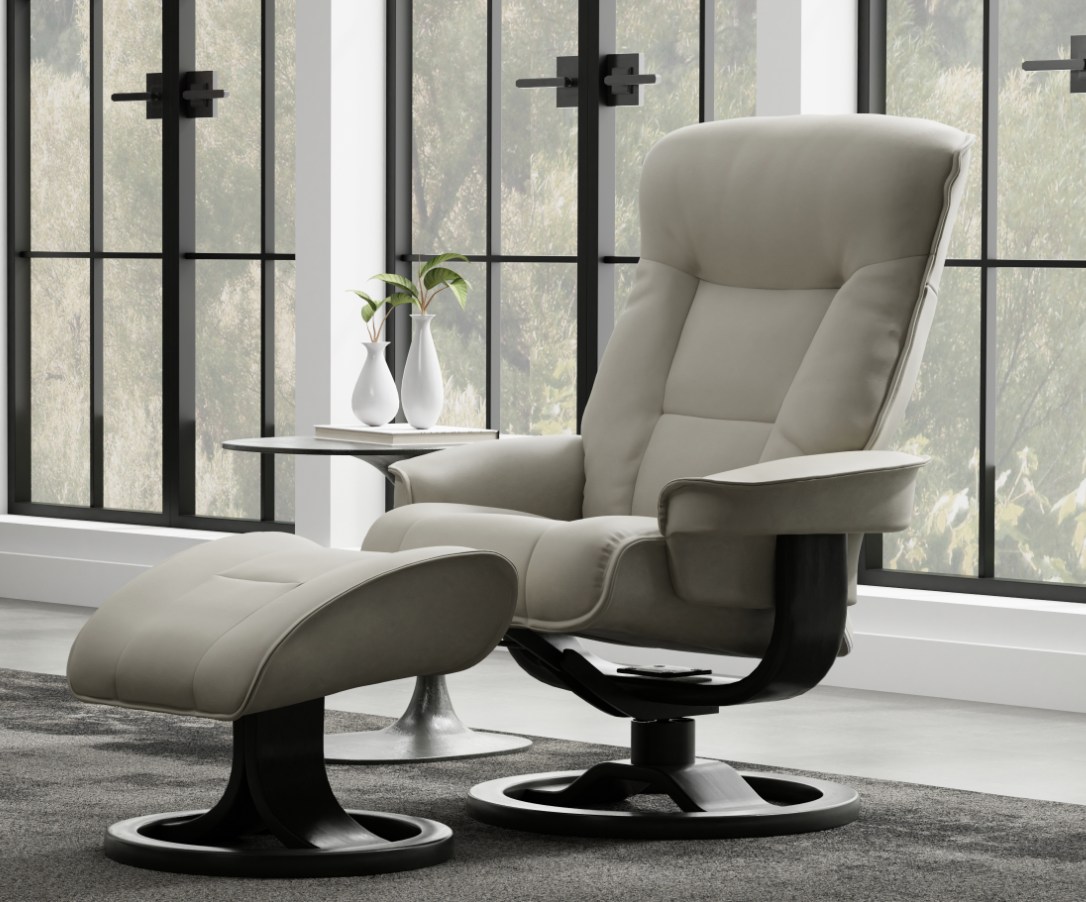 bergen recliner in a fog leather