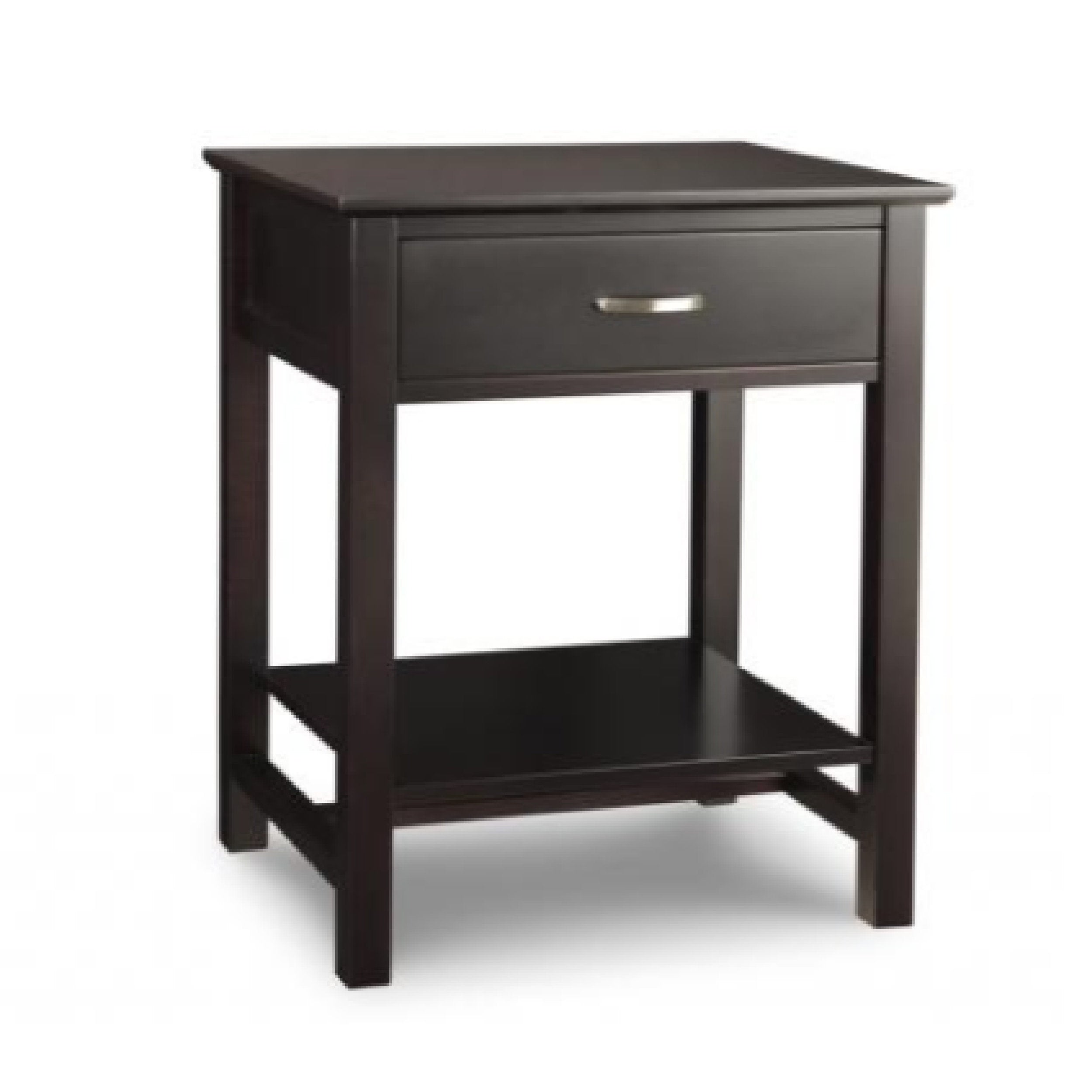 Dark wood side table with a drawer on a white background