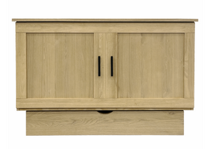 Wooden cabinet with two doors and a drawer on a white background