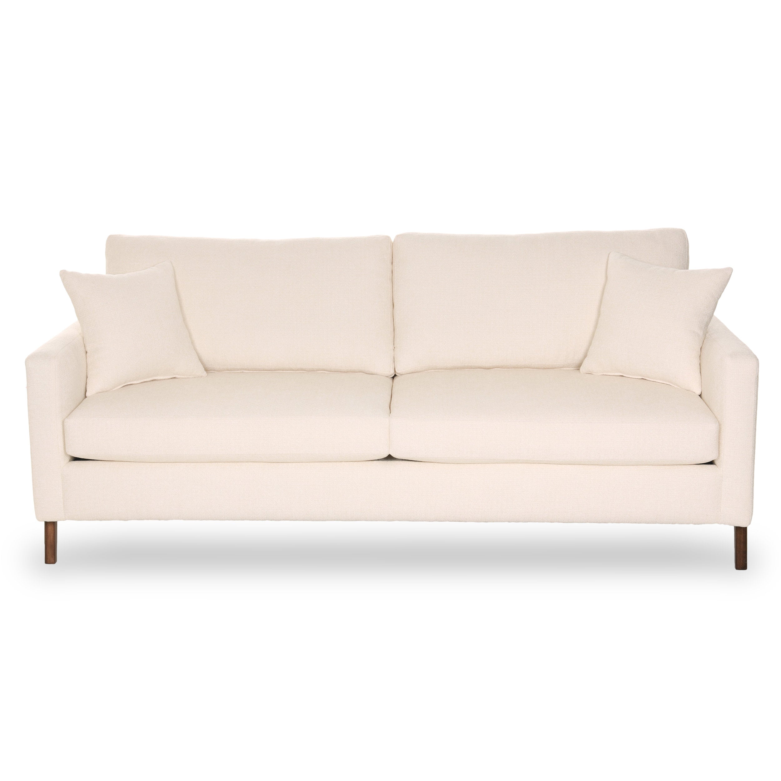 Beige sofa with wooden legs on a white background