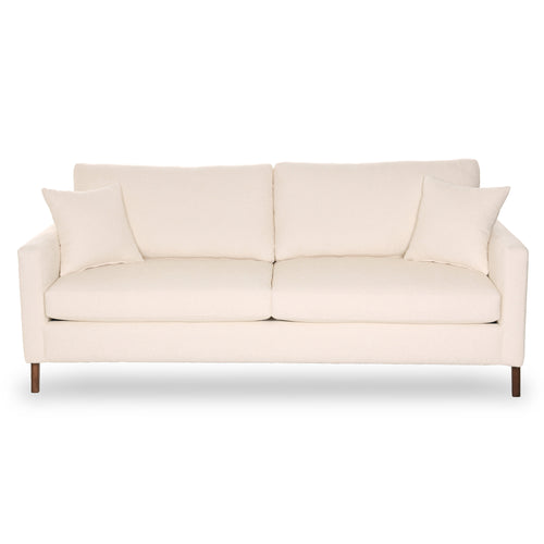 Beige sofa with wooden legs on a white background