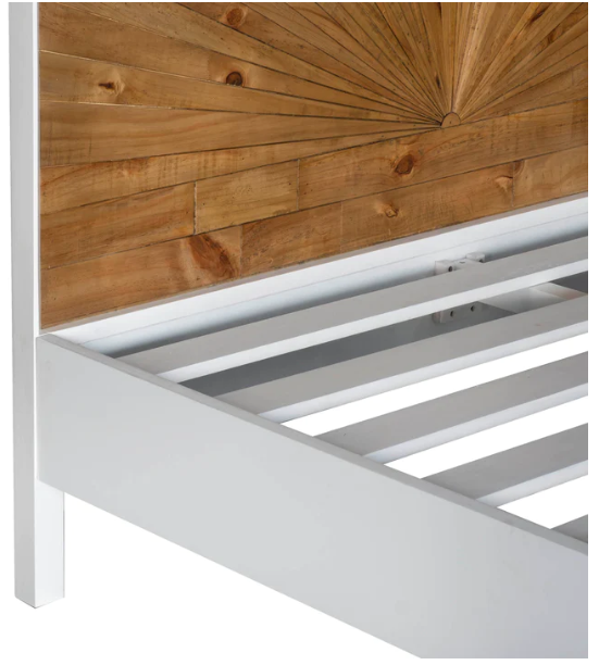 close up on the white bedframe showing the white slat system