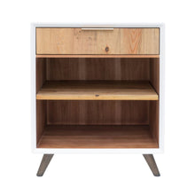 Load image into Gallery viewer, Wooden nighstand with a white frame showing one drawer and an open shelf
