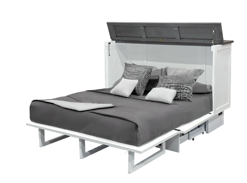 cabinet bed open up to queen size with grey bedding and some pillows. 