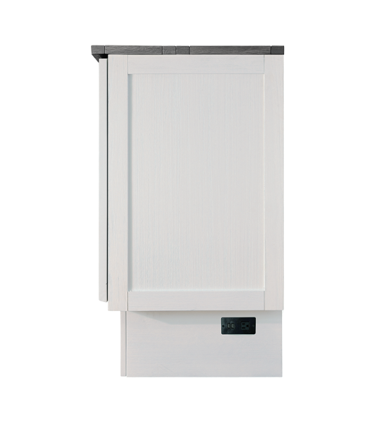 Sideview of white cabinet bed with power management on the bottom right of the cabinet bed 