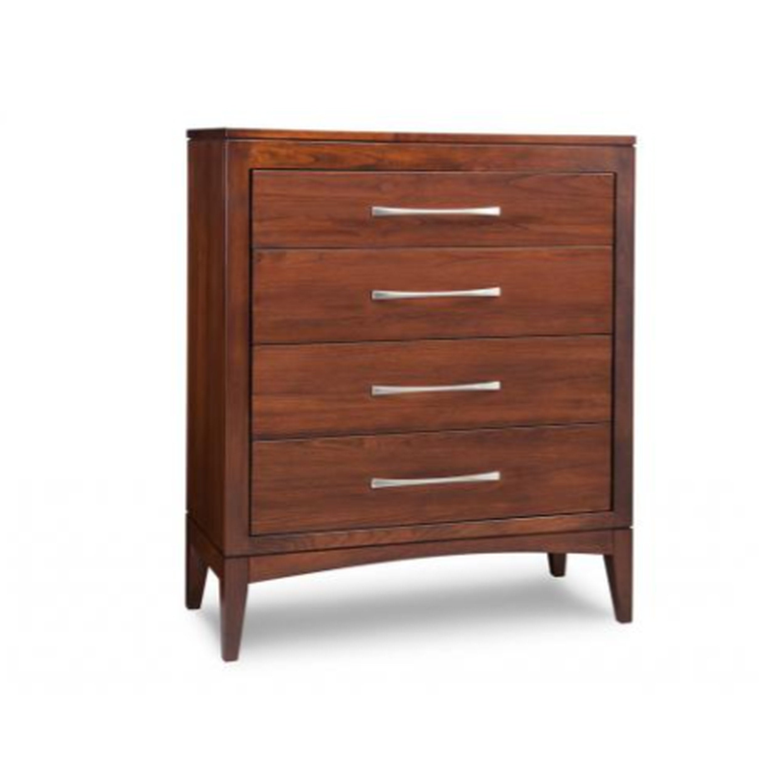 Wooden dresser with four drawers and metal handles on a white background