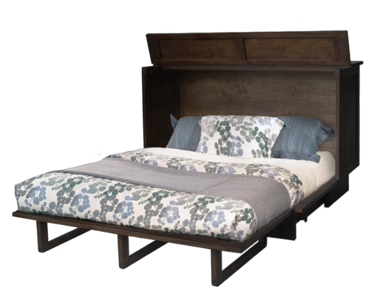 clifton cabinet bed open to queen size. shows bedding and some pillows