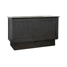 Load image into Gallery viewer, A brown wooden cabinet bed with a closed mattress on top, designed to blend into bedroom furniture.
