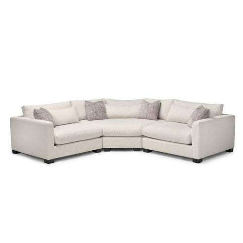 White sectional sofa with gray cushions on a white background