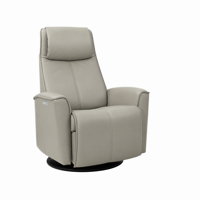 Urban Recliner by Fjords in gray, soft leather, padded headrest, stitched seams, cushioned armrests, round pedestal base.