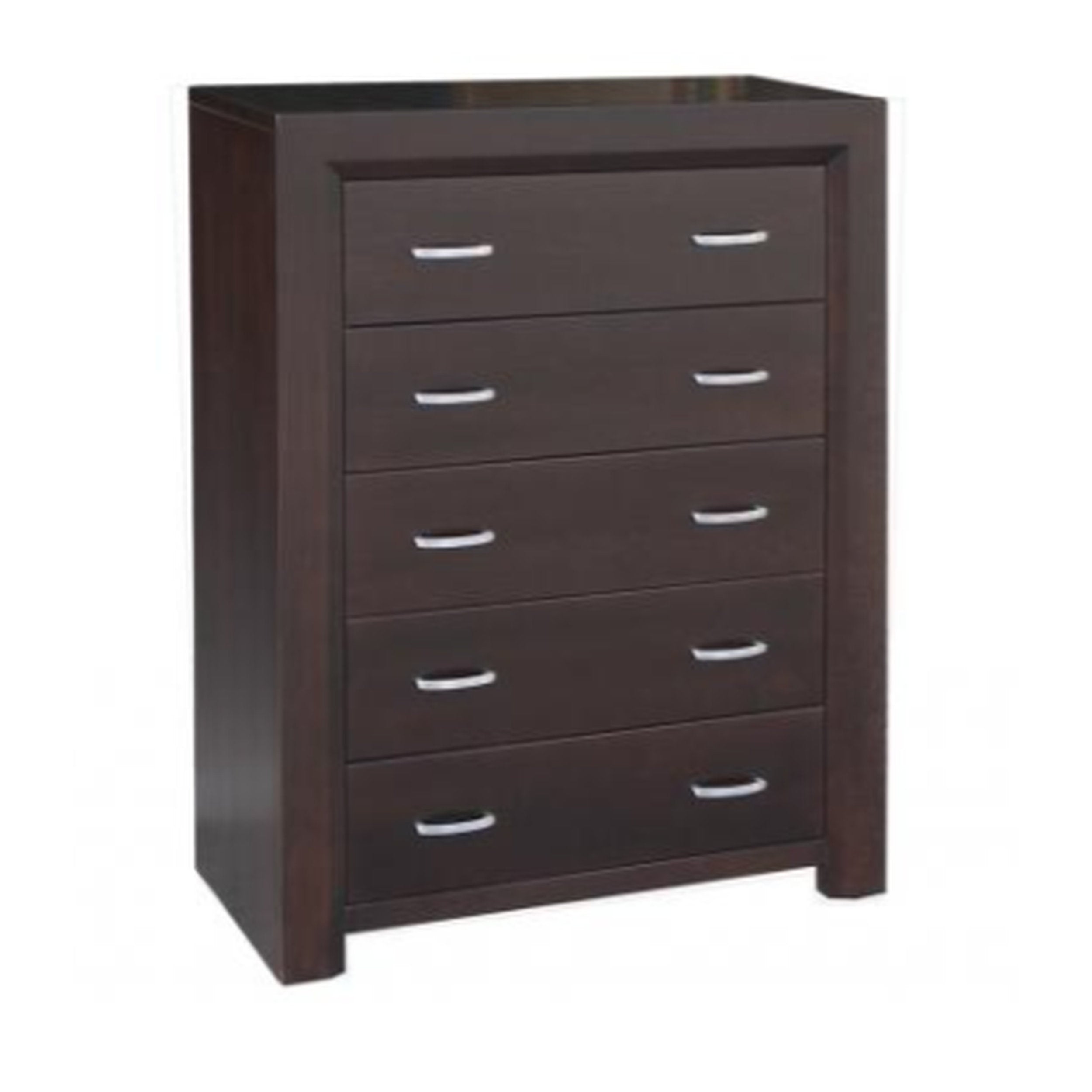 Dark brown dresser with five drawers on a white background