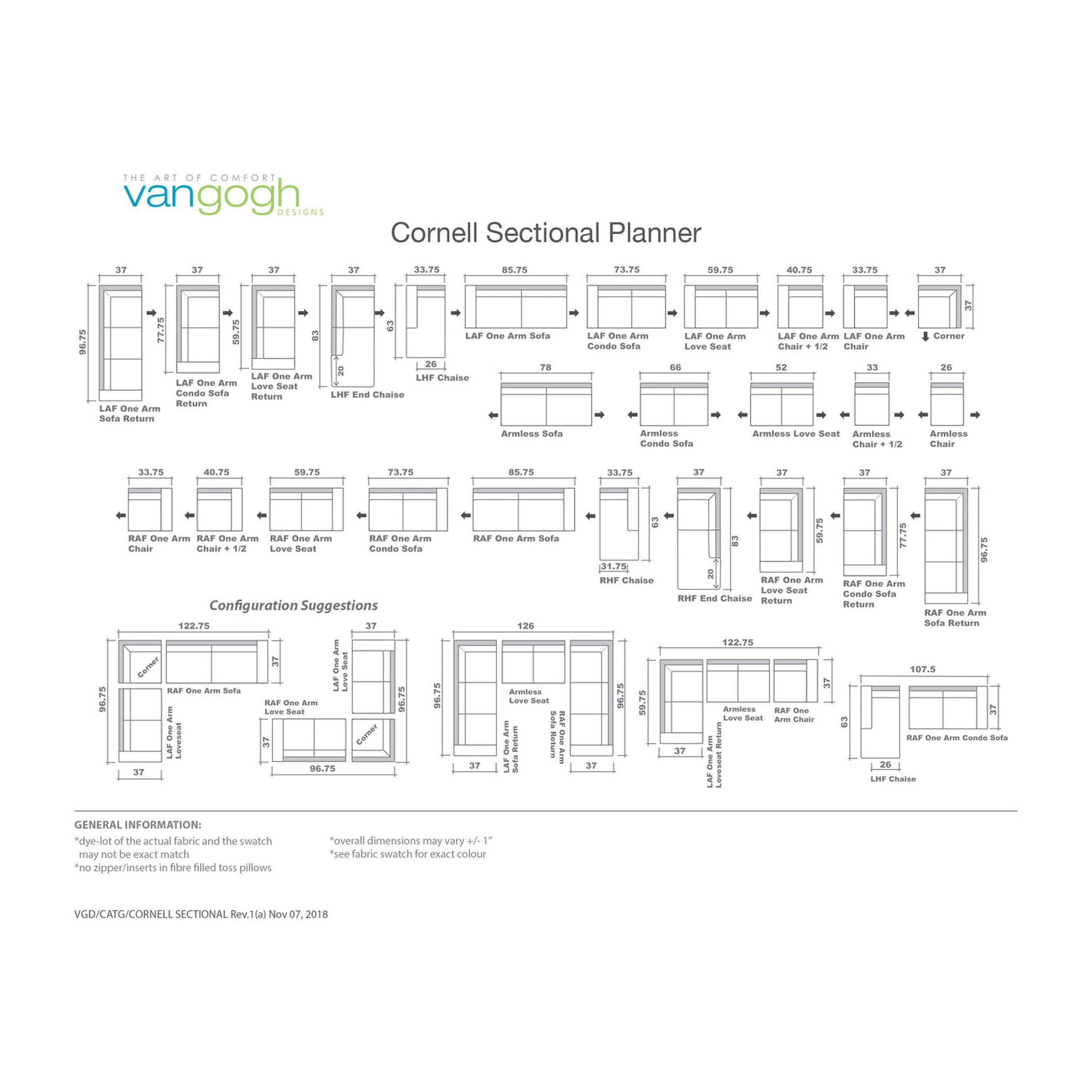Cornell Sectional Planner diagram with layout options on a white background