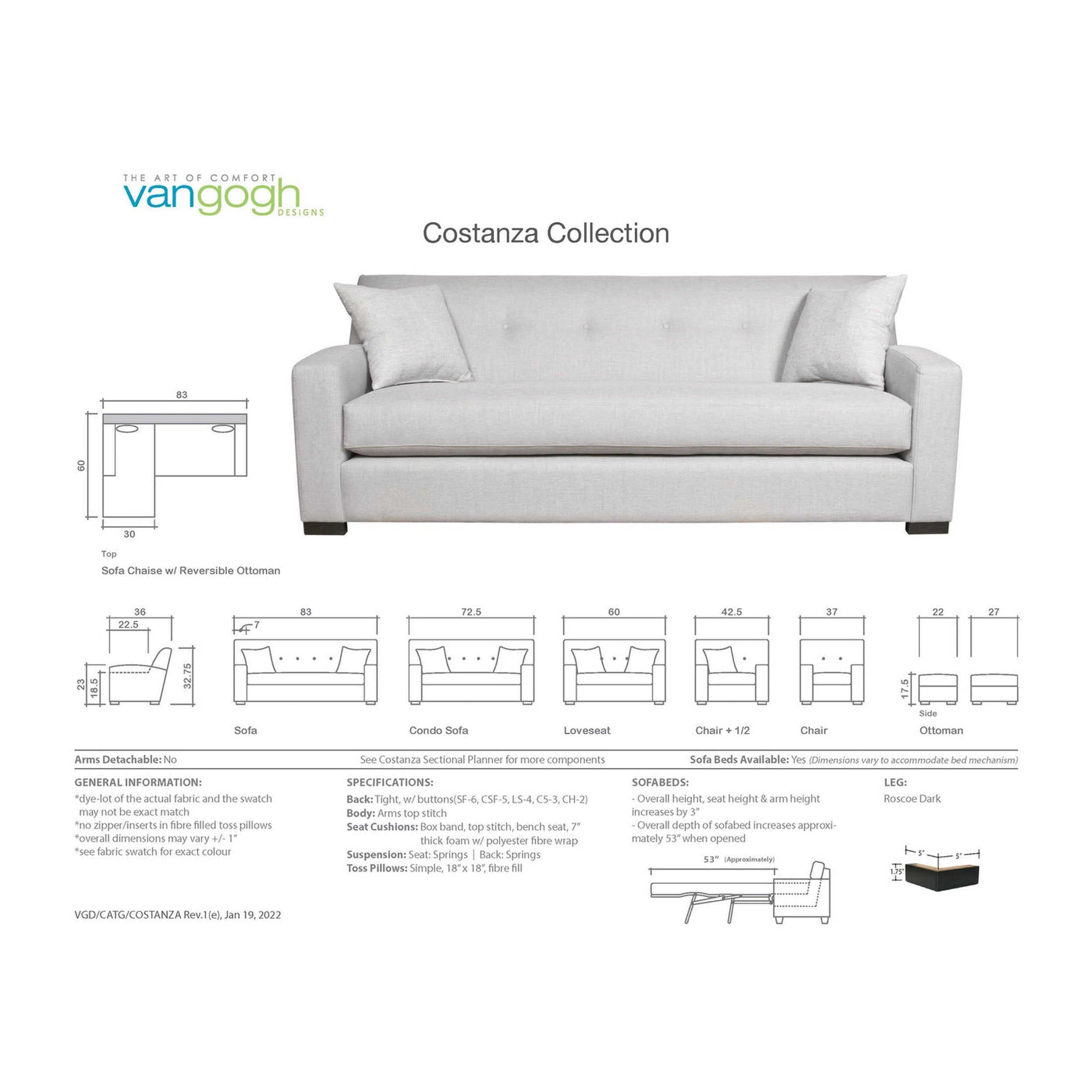 Gray sofa with 'Vangogh' branding and 'Constanza Collection' text on a white background.
