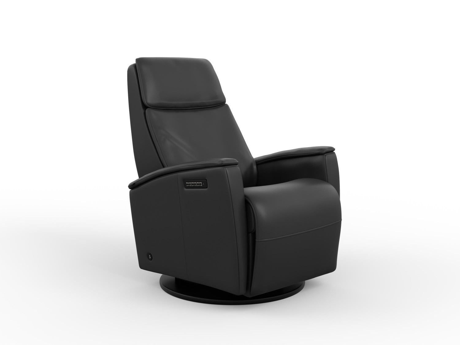 Black recliner chair on a white background. Shows 3 button toggles to control the headrest, lumbar and footrest separately