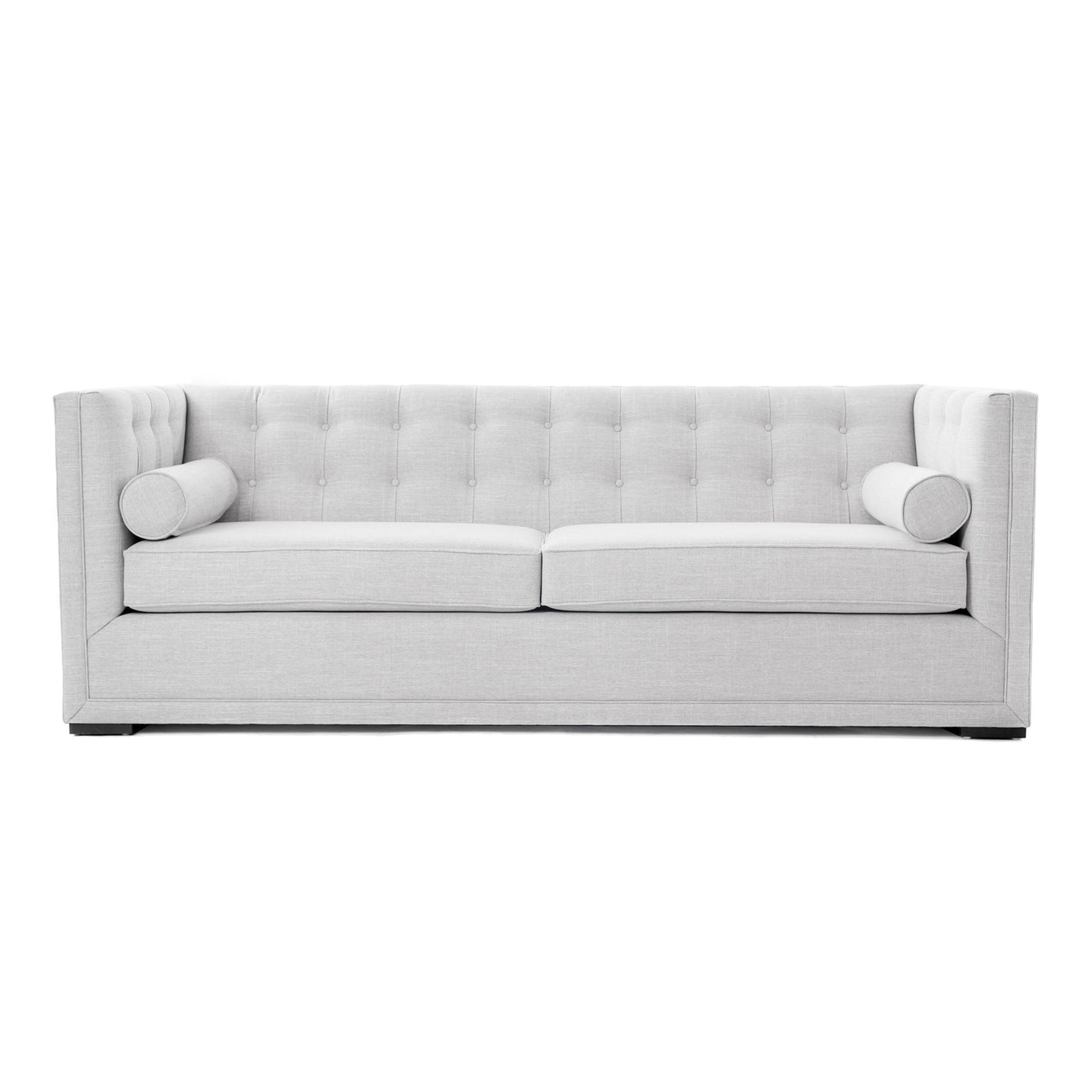 Gray sofa with round armrests on a white background