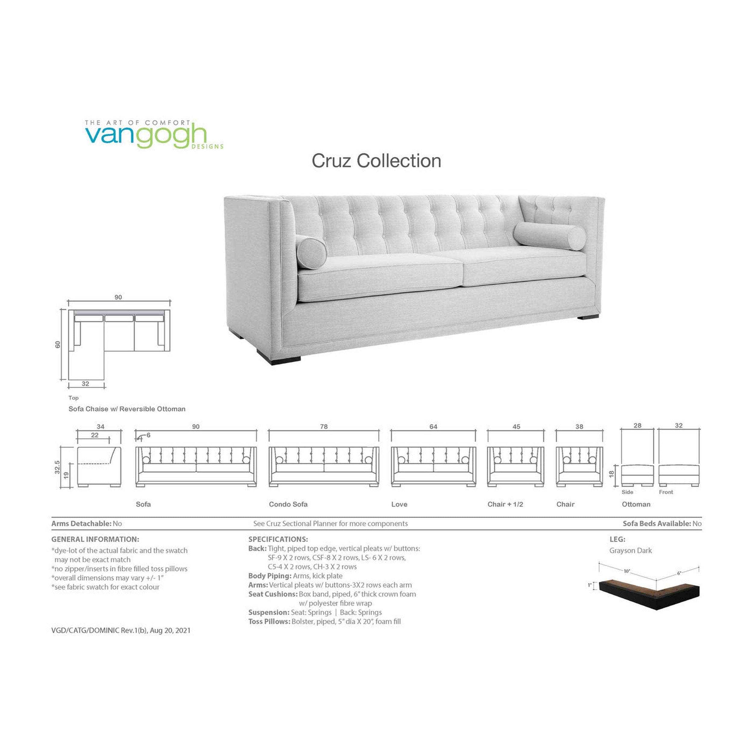 cruz with dimensions and specifications on a white background, featuring the Vangogh brand.
