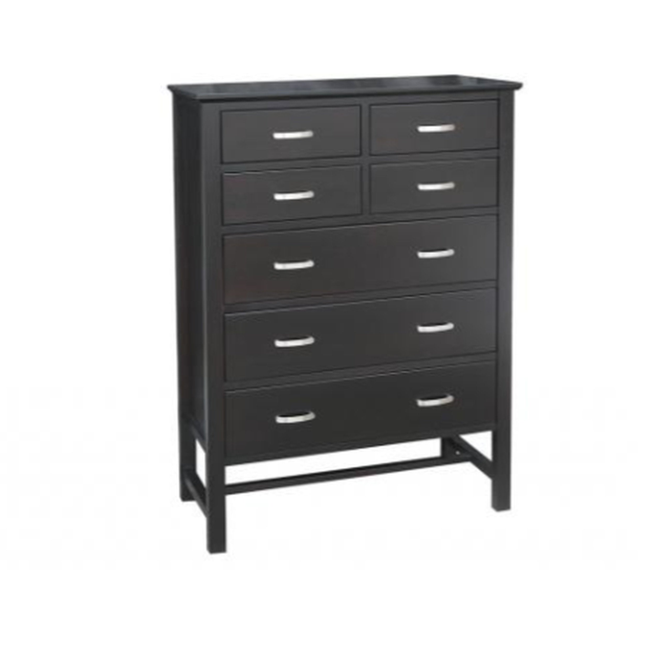 Black dresser with multiple drawers on a white background