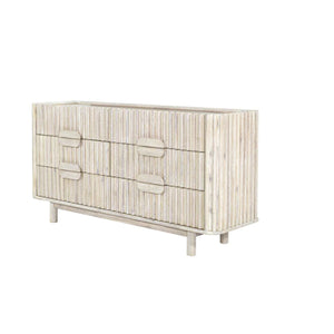 Wooden dresser with a light finish on a white background