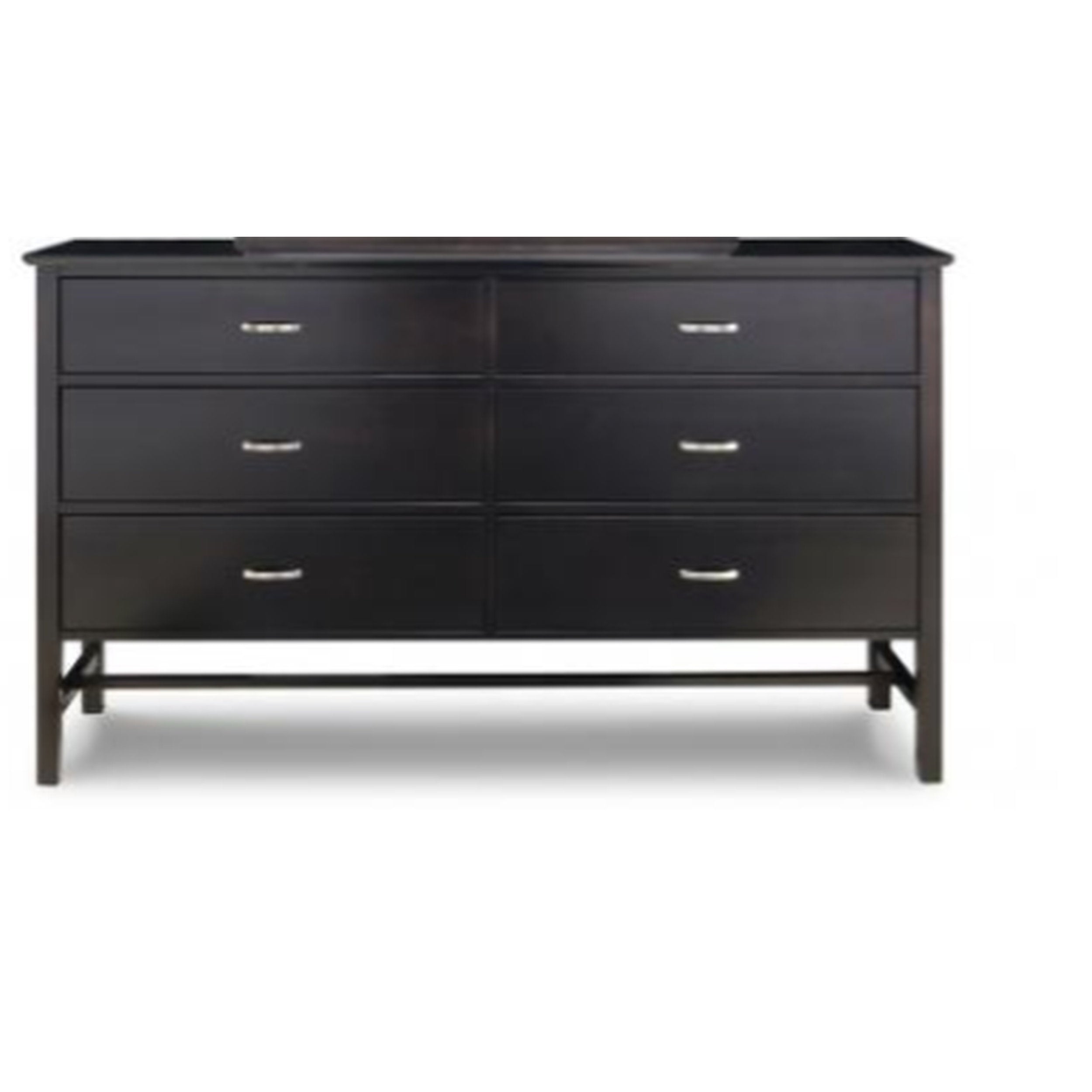 Black dresser with multiple drawers on a white background