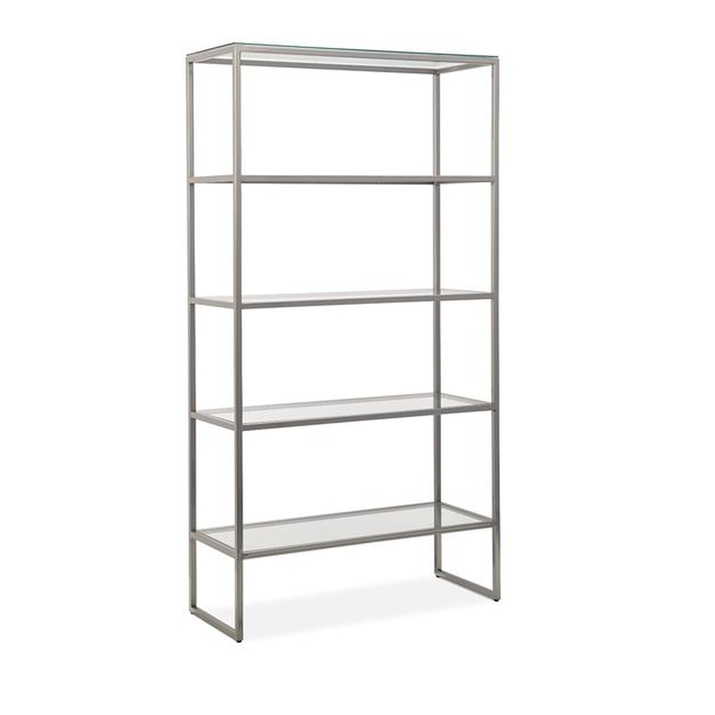 Metal bookshelf with glass shelves on a white background
