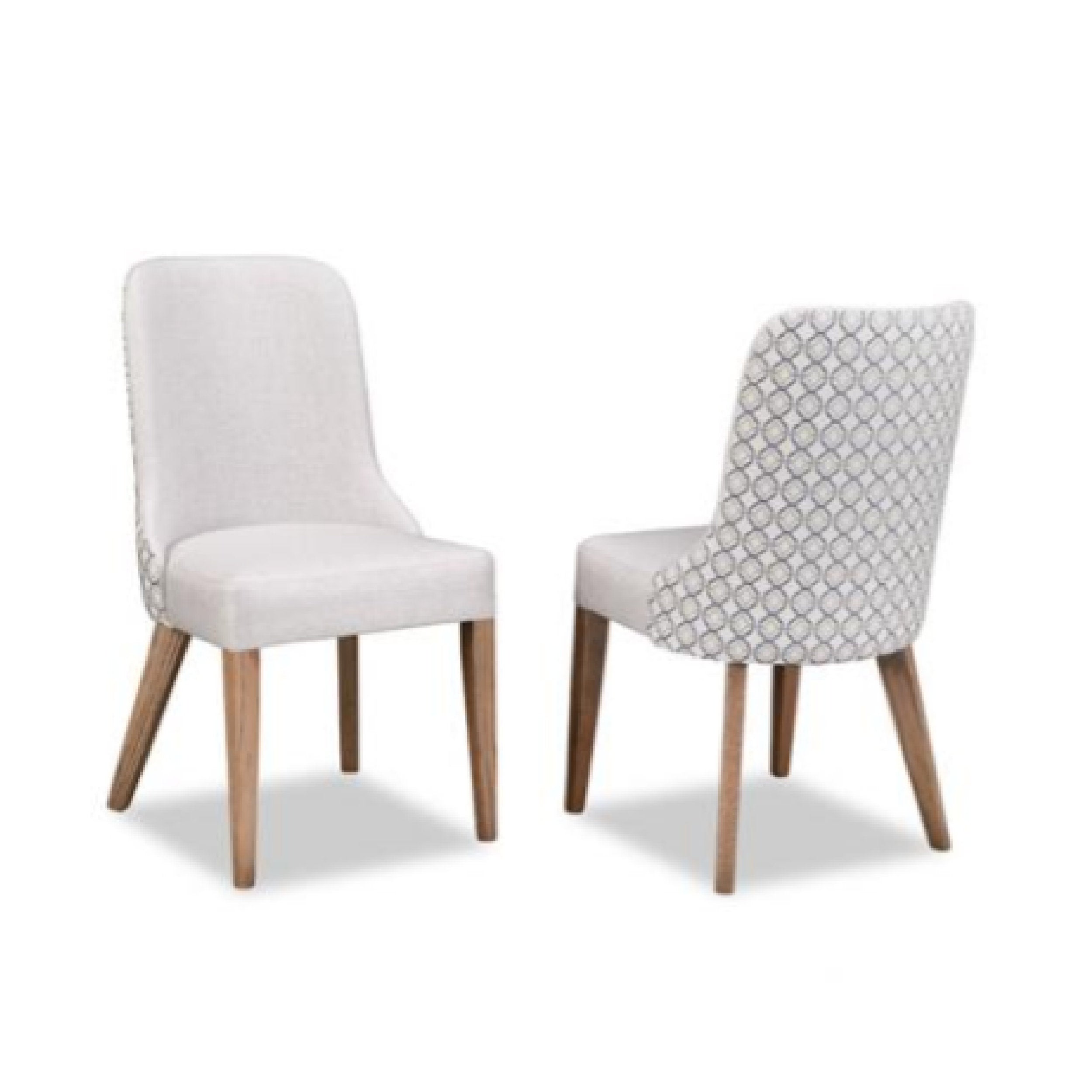 Two chairs with patterned seats on a white background