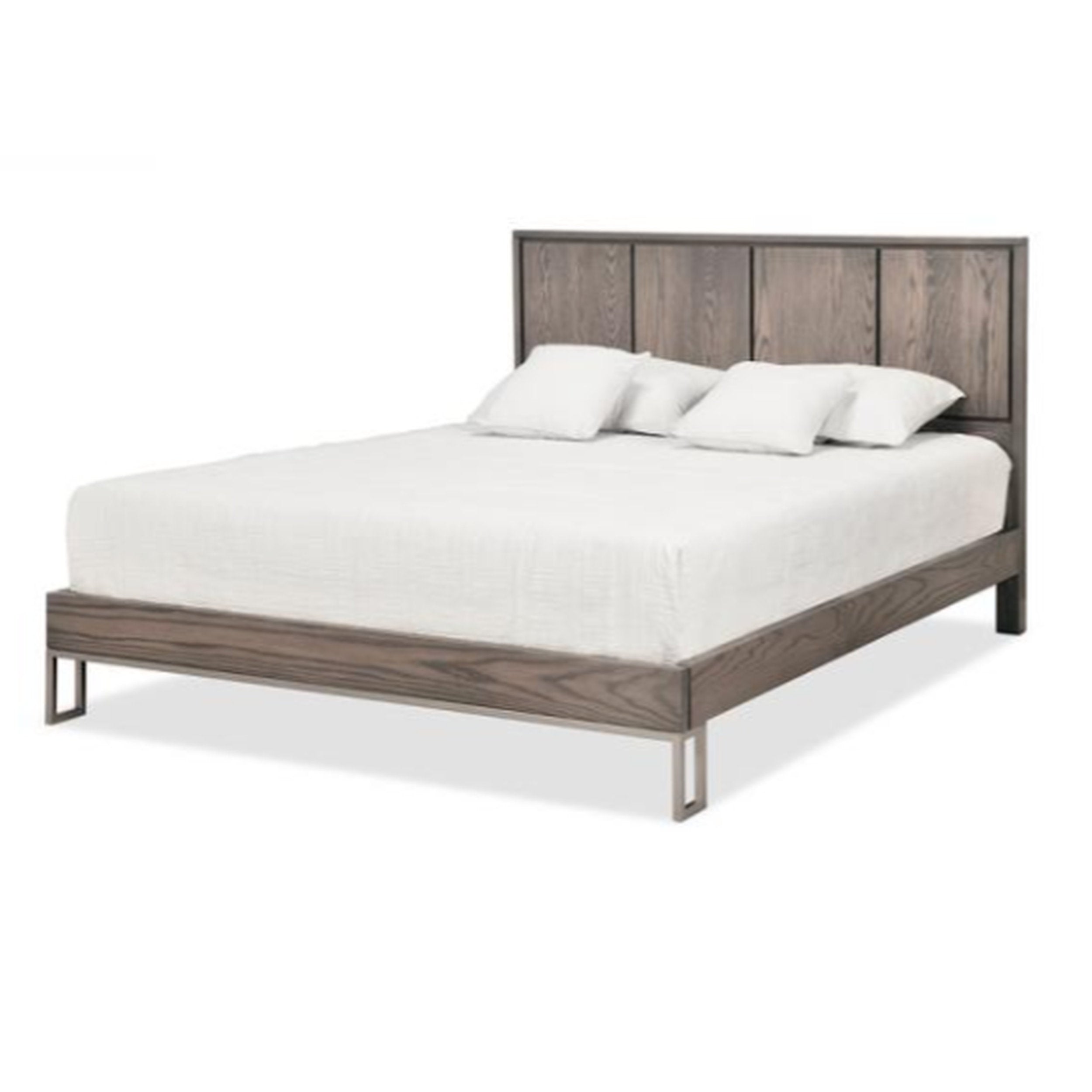 Wooden bed frame with white bedding on a white background