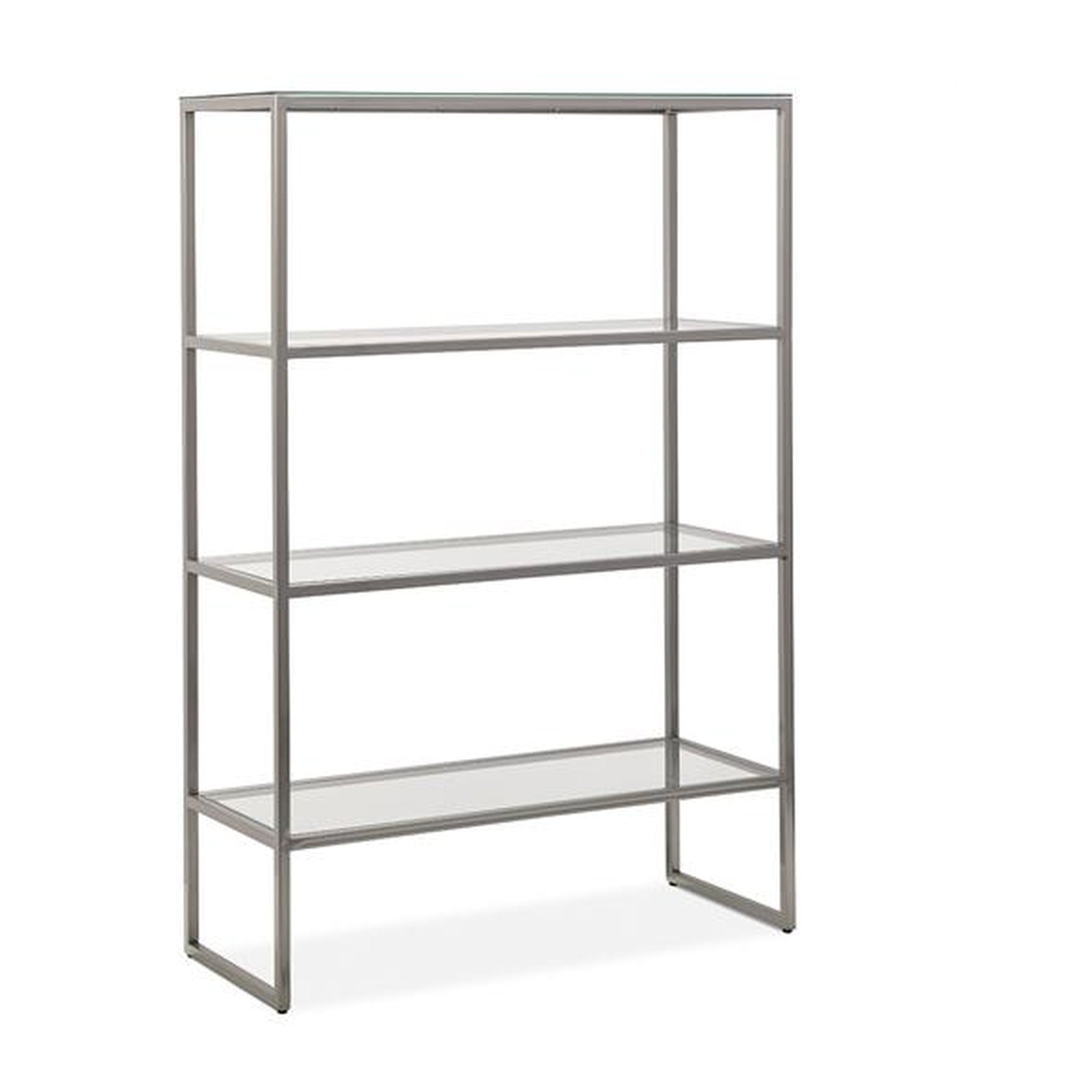 Metal bookshelf with four shelves on a white background