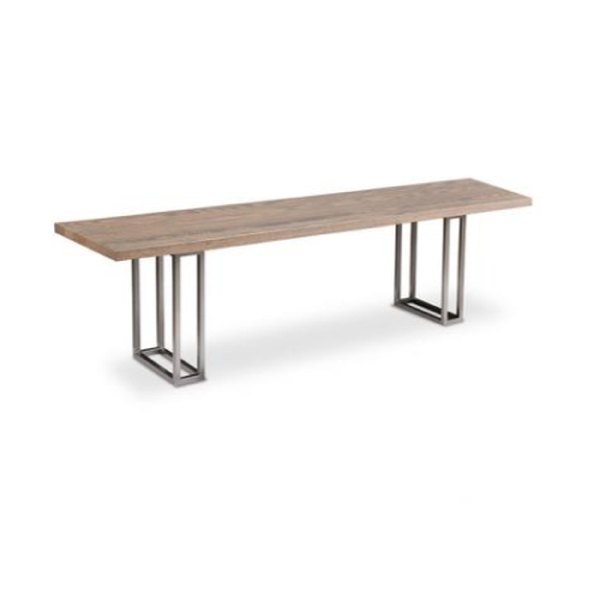 Long wooden bench with metal legs on a white background