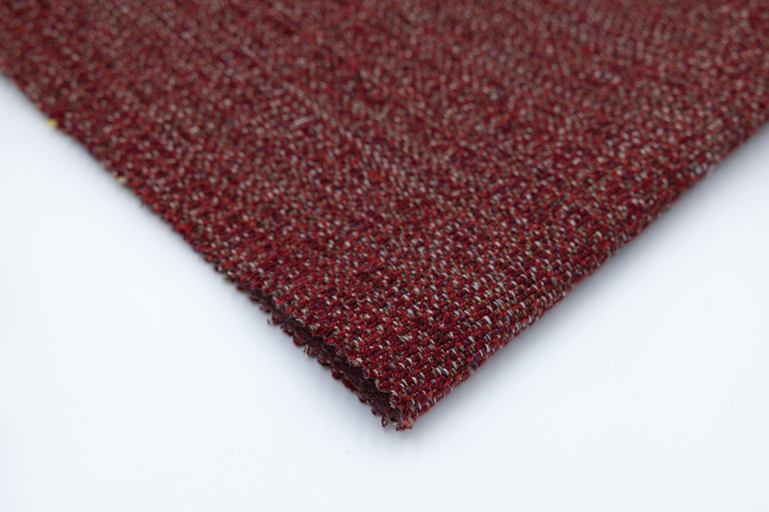 Zen Cherry textile swatch in deep burgundy red and ivory specks, wool blend tweed with textured weave, Van Gogh Designs brand