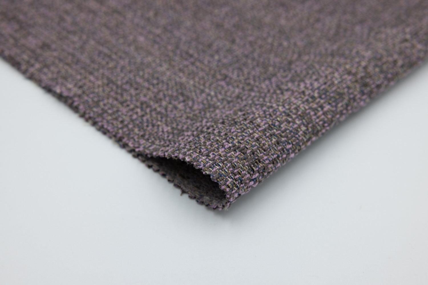 Zen Lavender rug swatch in purple and lavender hues, woven cotton-linen blend, variegated threads, Van Gogh Designs branding.