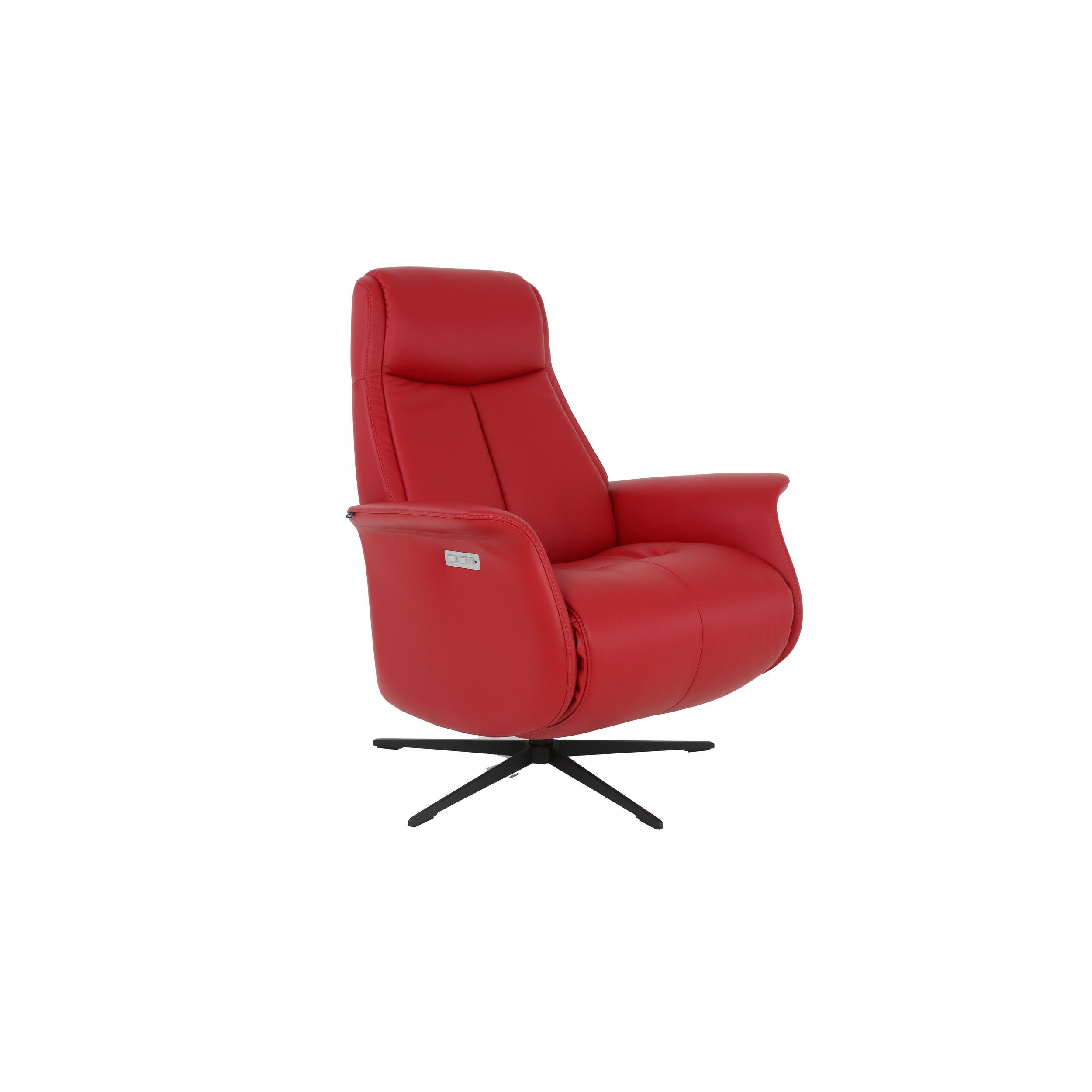 Red leather armchair with a black swivel base on a white background