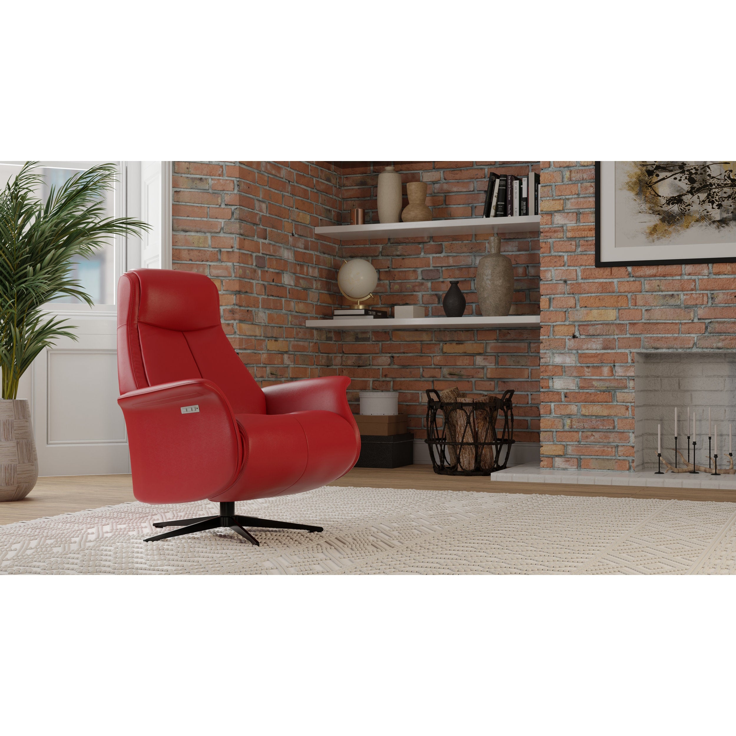 Red armchair in a room with a brick wall and decorative items.