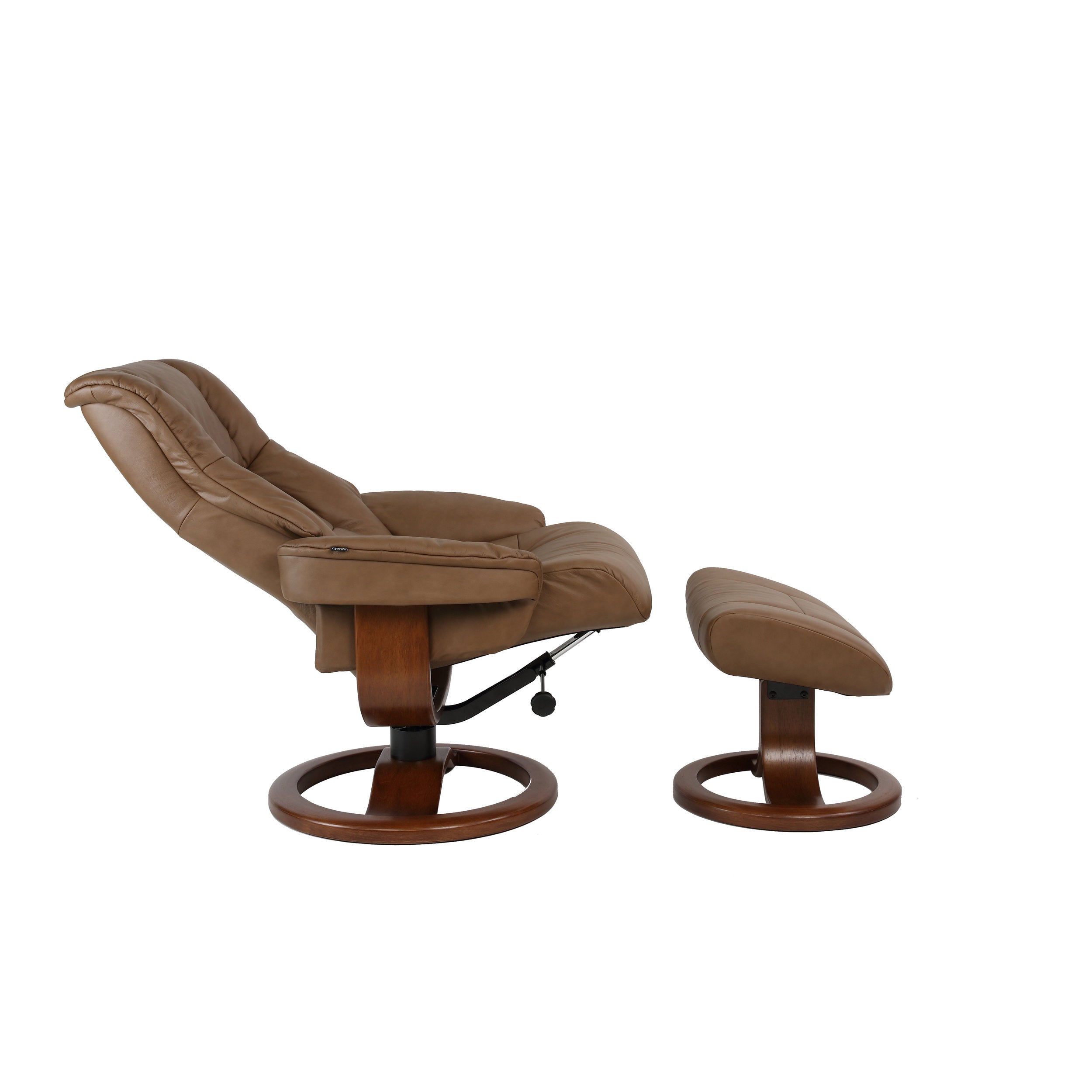 Brown leather recliner chair with ottoman on a white background