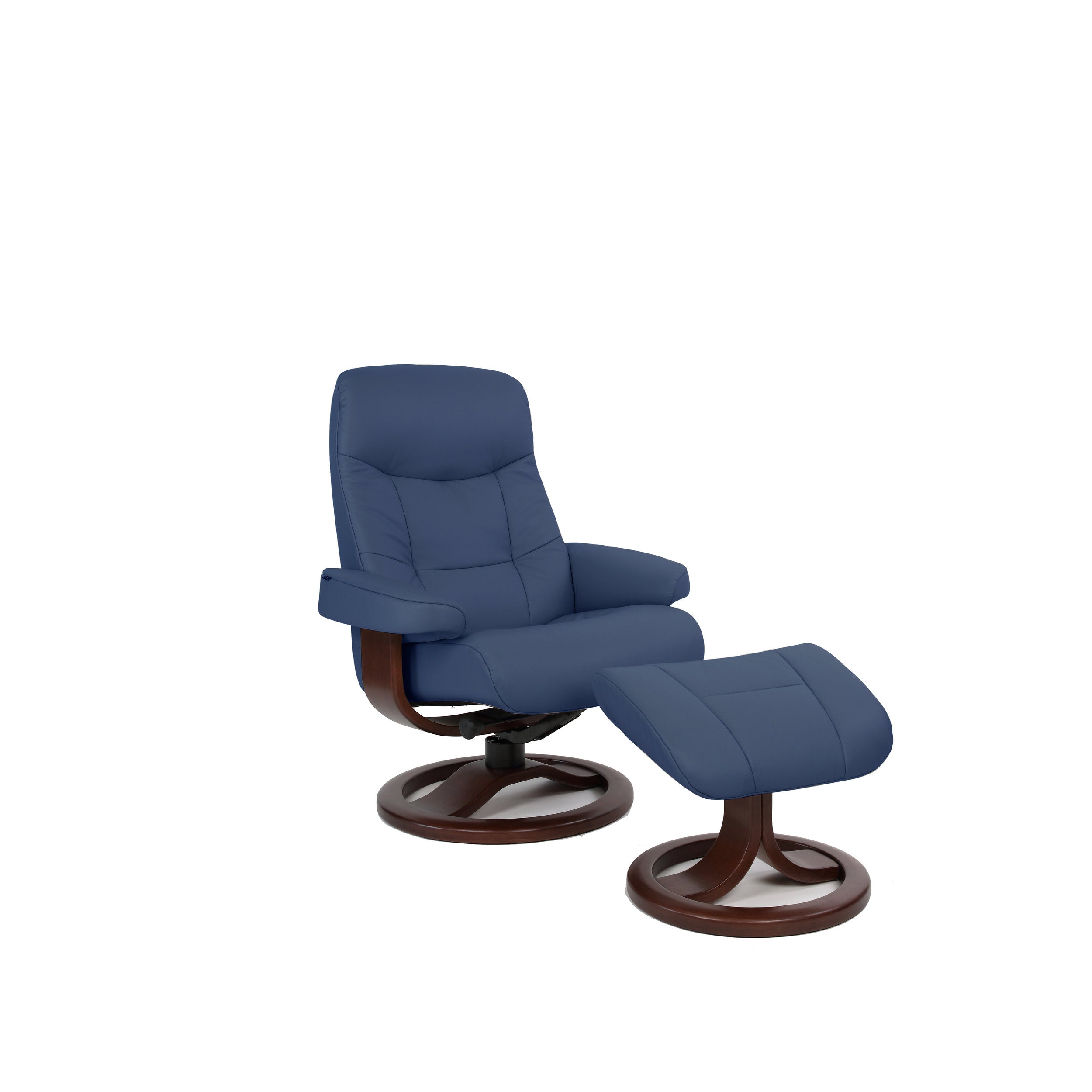 Blue recliner chair with ottoman on a white background