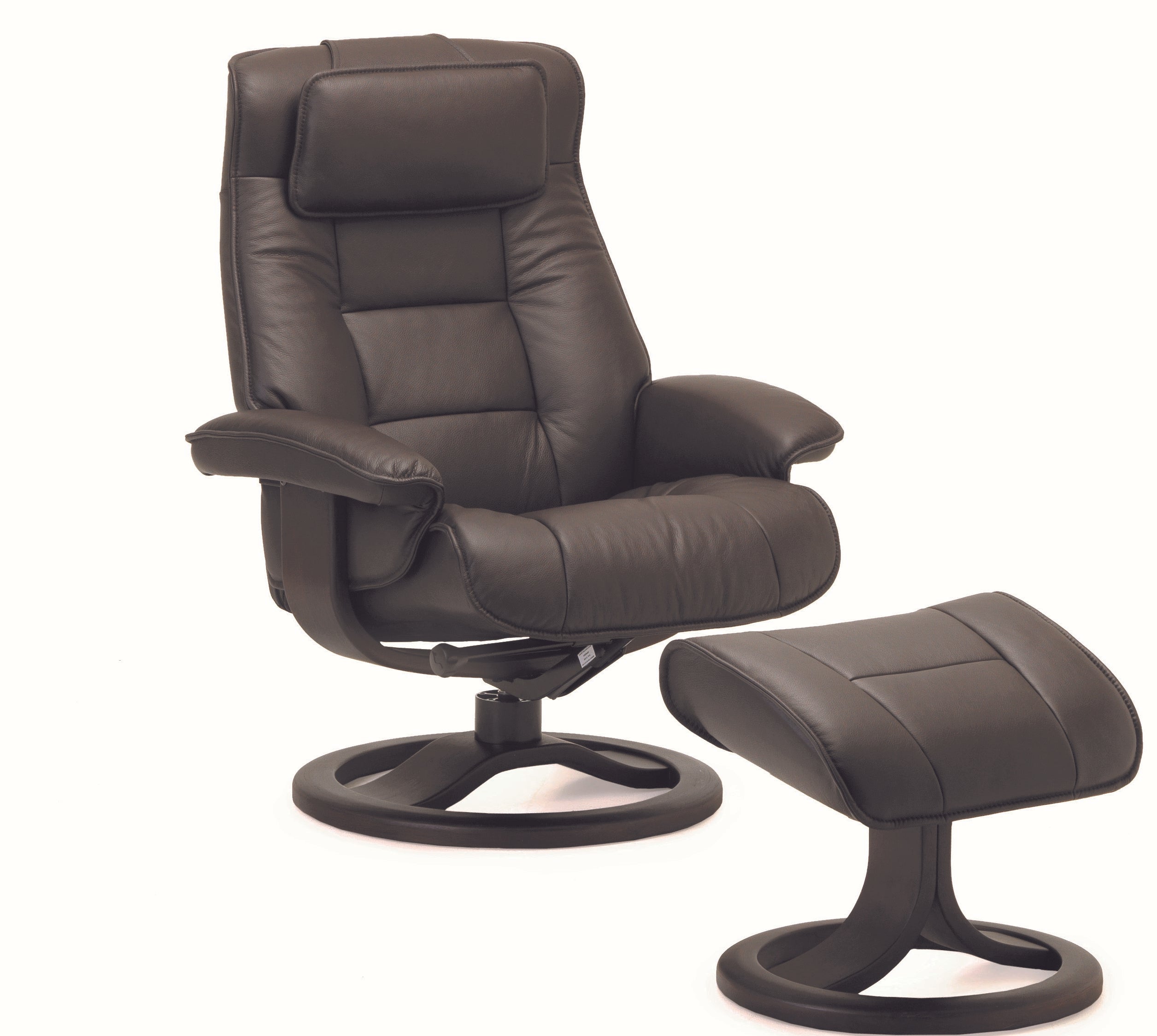 Brown leather recliner chair with ottoman on a white background
