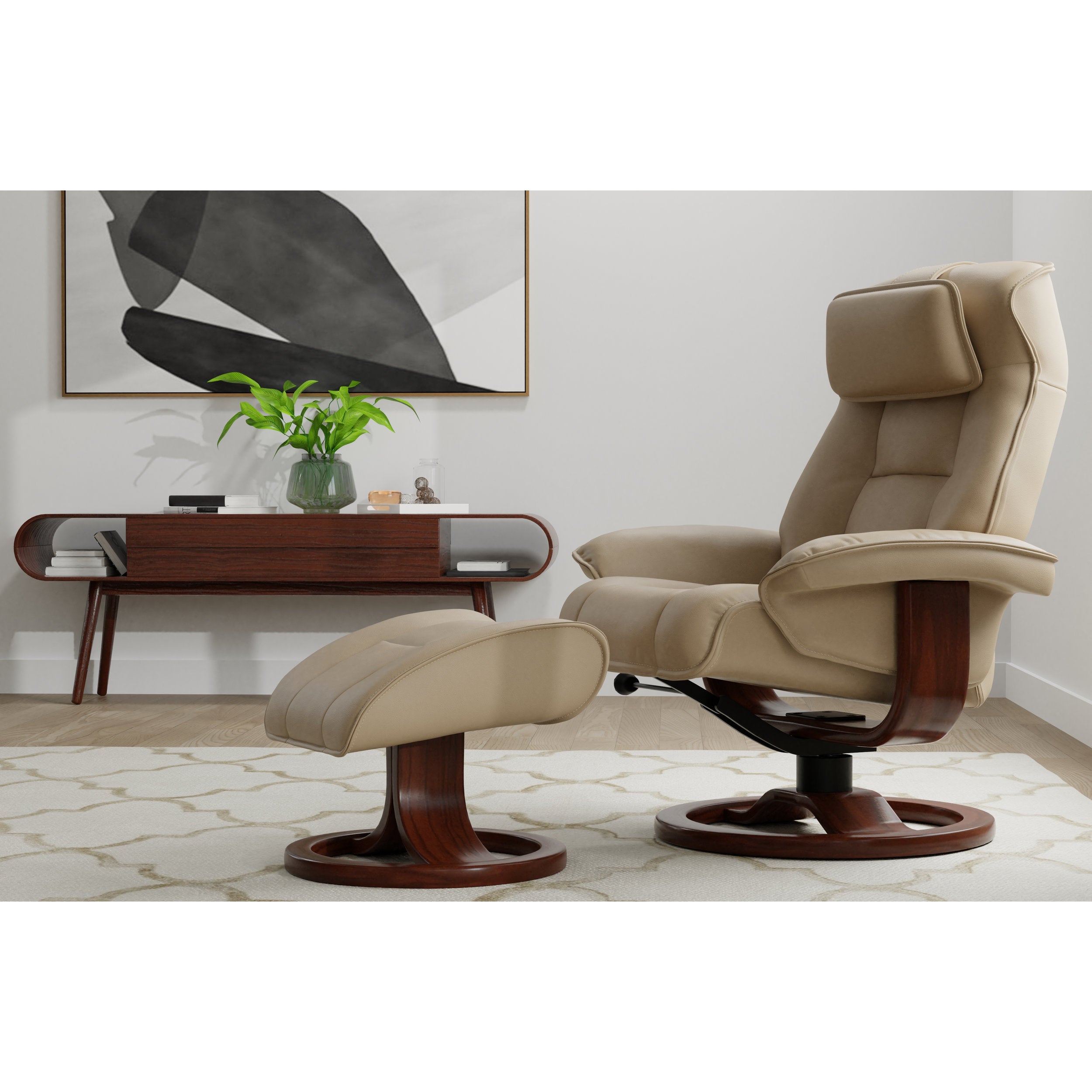 Beige recliner chair with ottoman in a living room setting