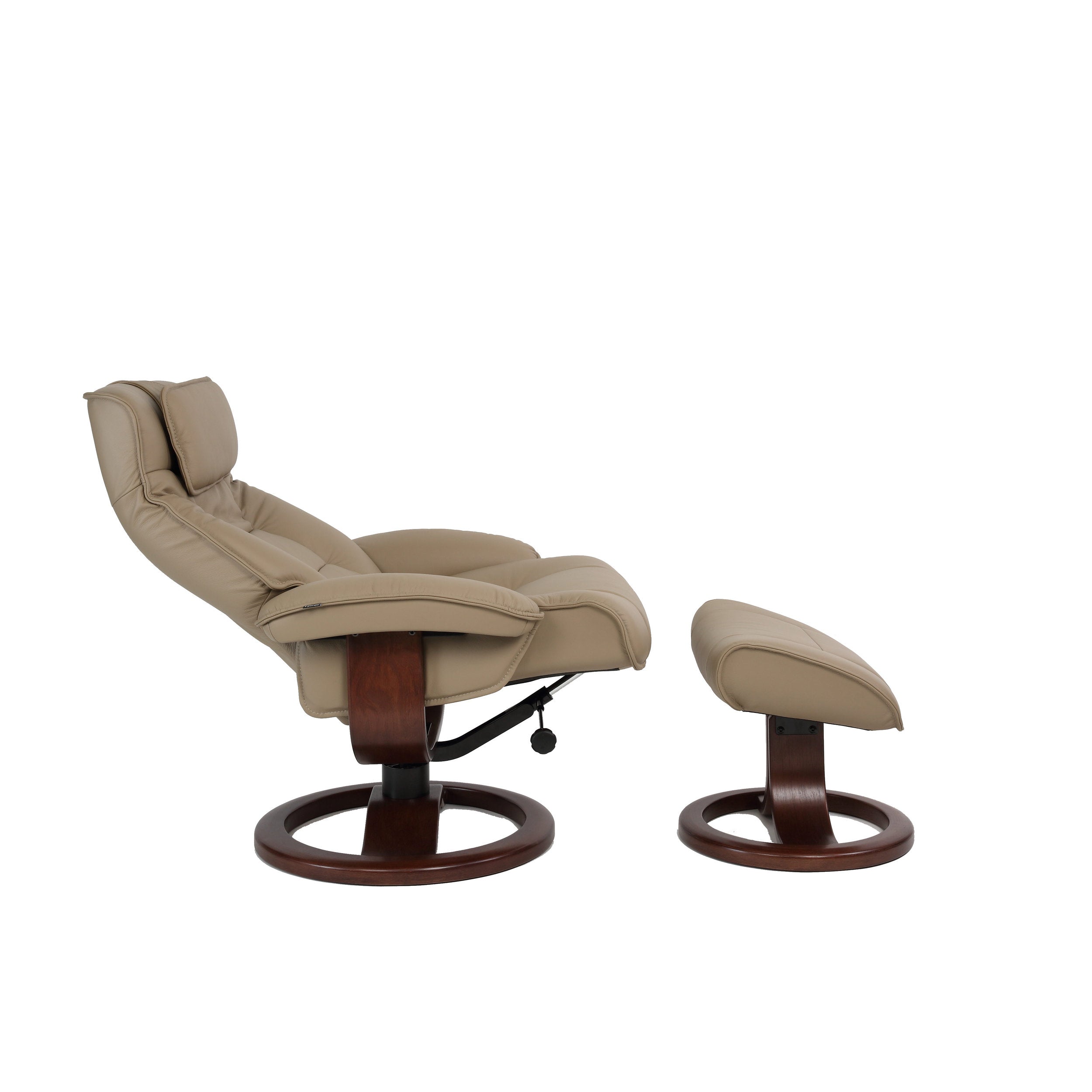 Beige recliner chair with wooden base on a white background