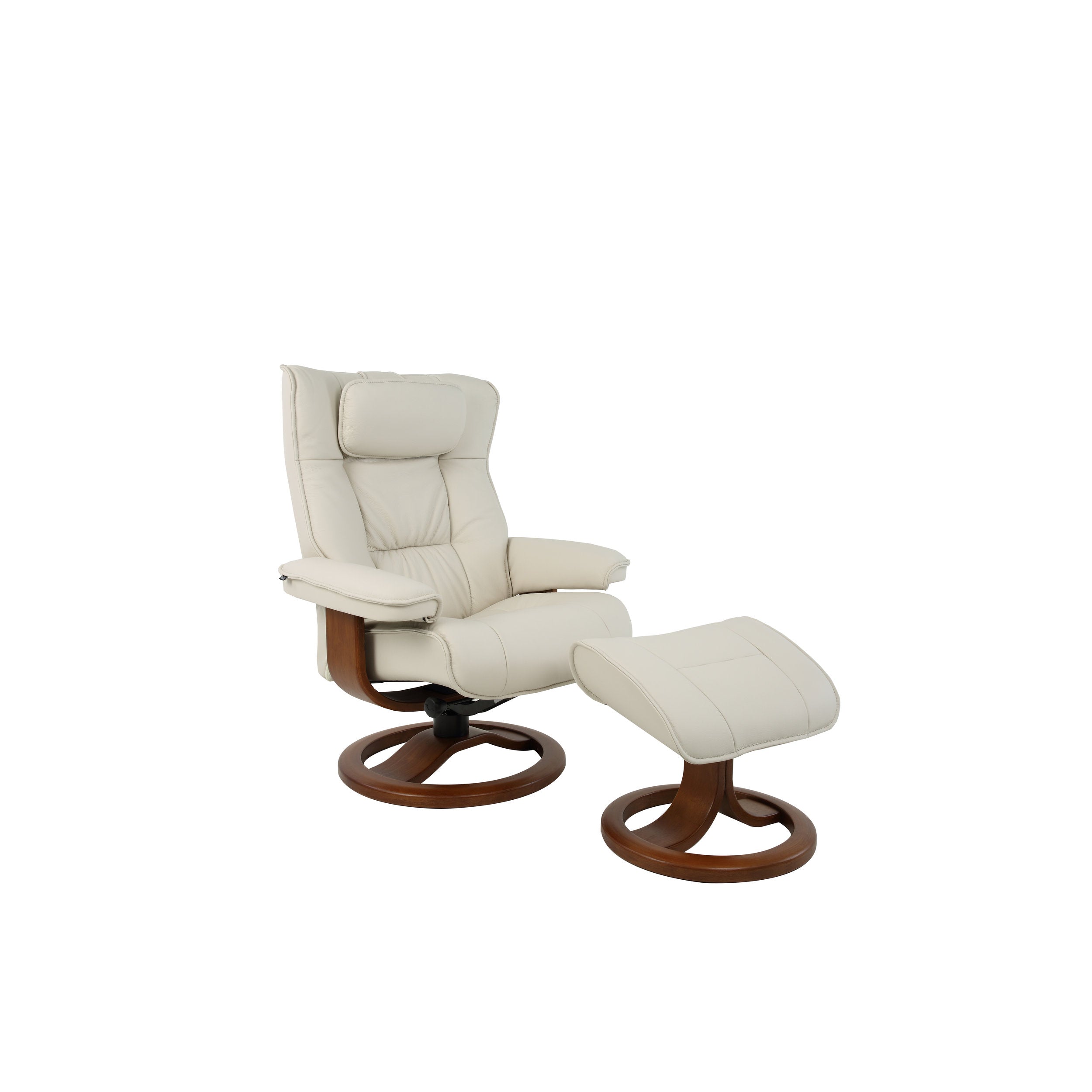 White recliner chair with ottoman on a white background