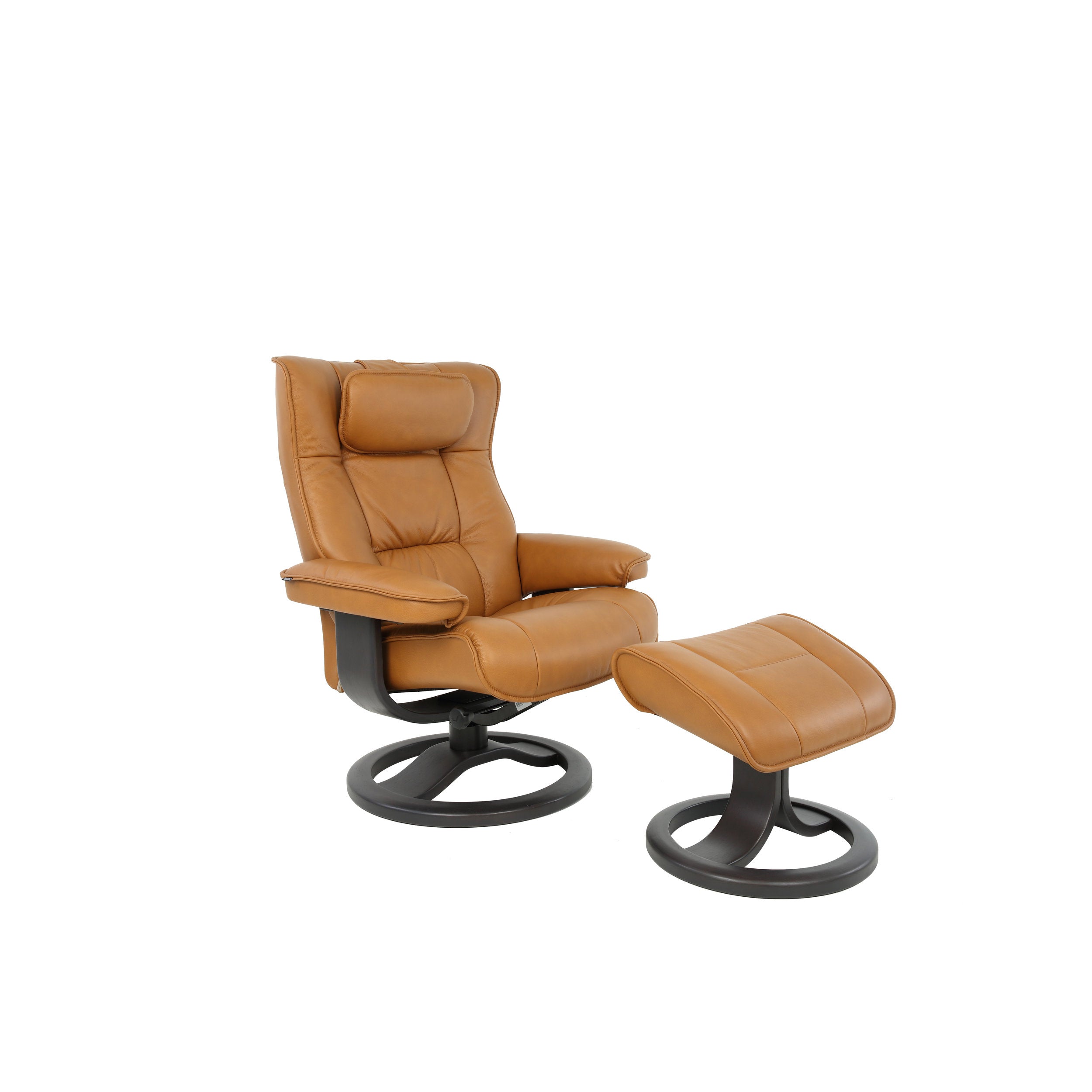 Brown leather recliner chair with ottoman on a white background
