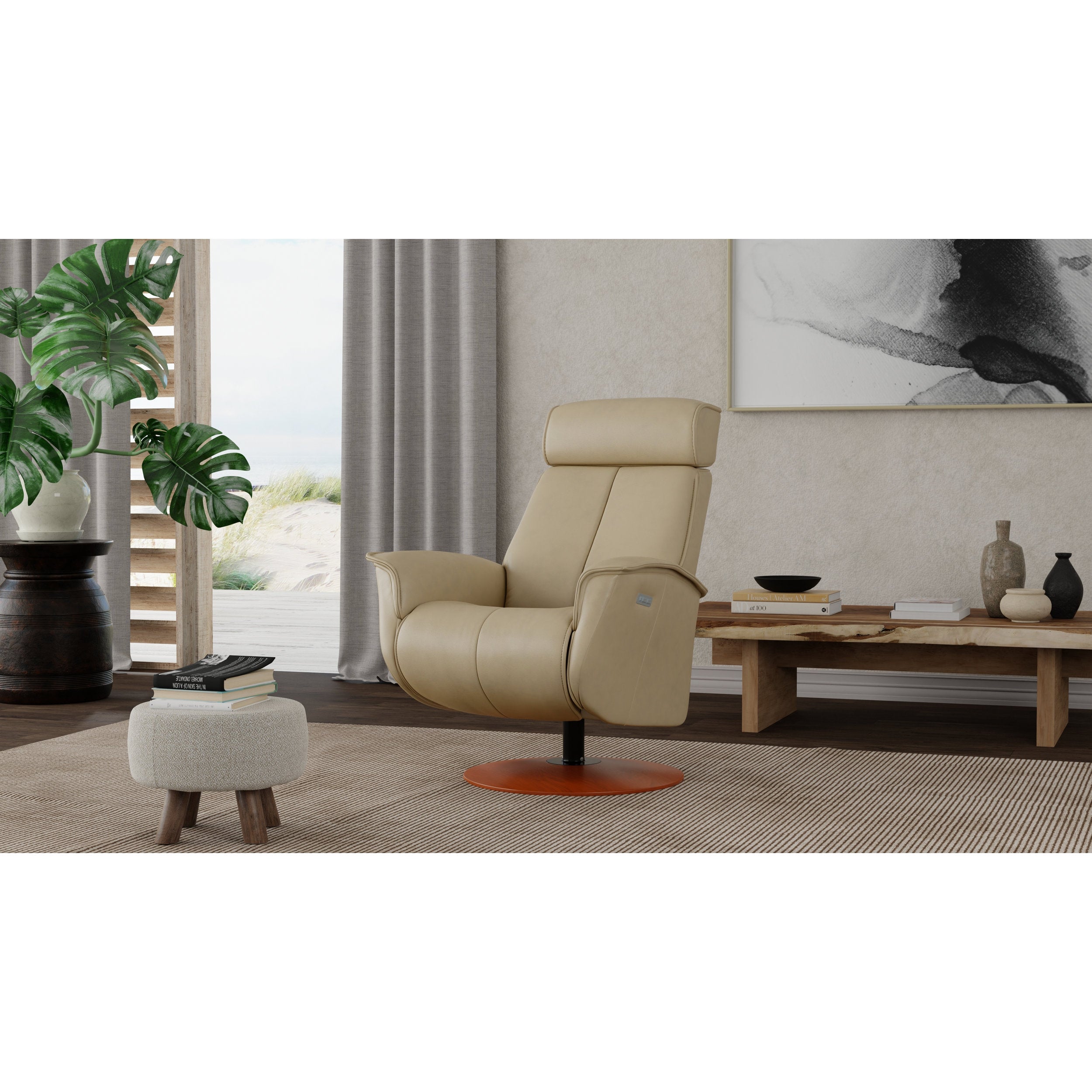 Beige recliner chair in a modern living room setting with a plant and coffee table.
