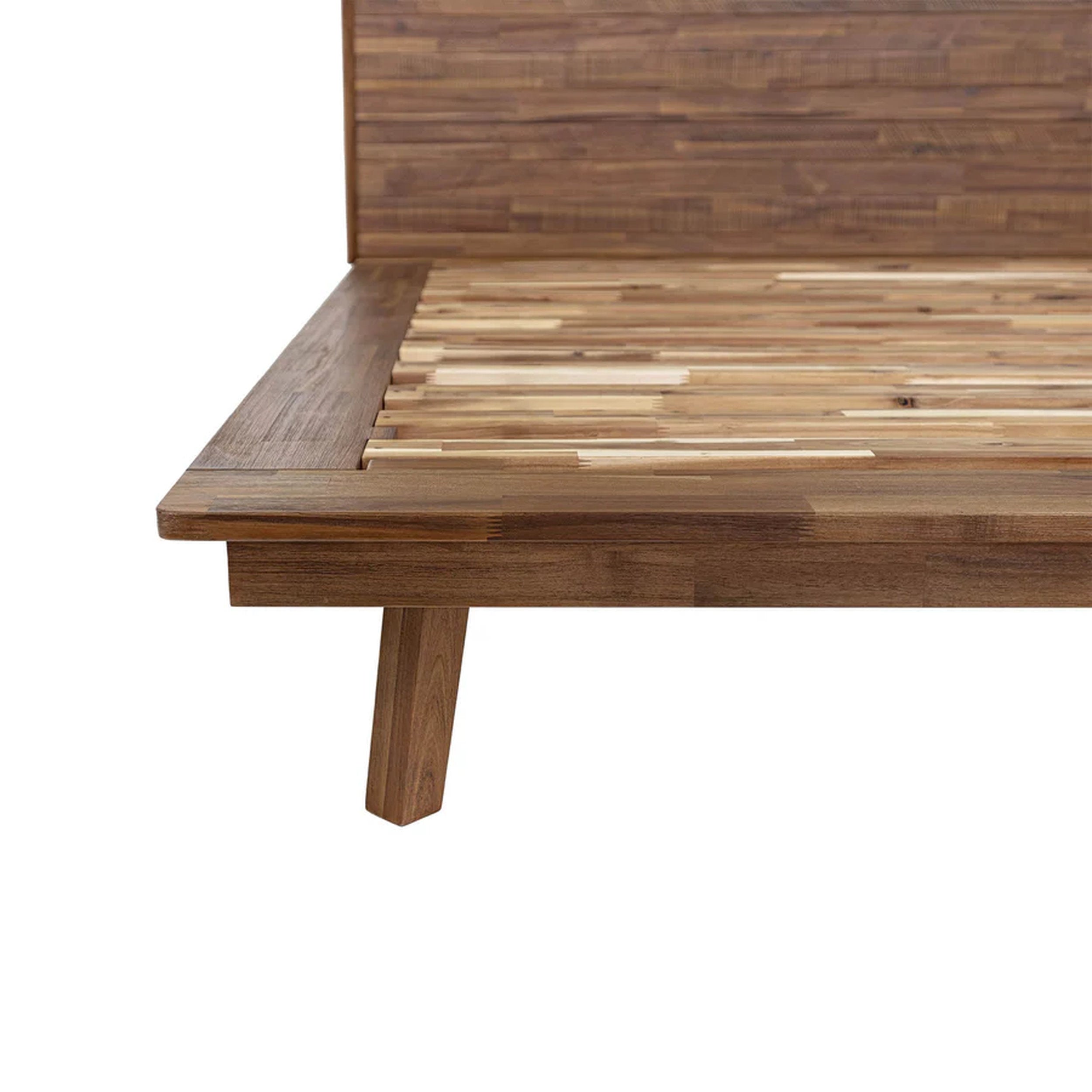 Wooden bed frame with slatted design on a white background